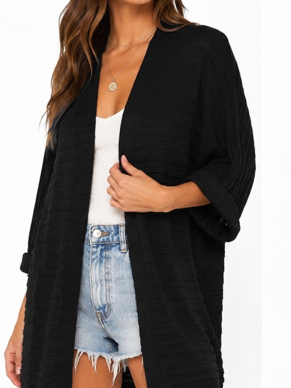 Womens Black Open Oversized Ribbed Knit Cardigan Sweater Soft Lightweight medium